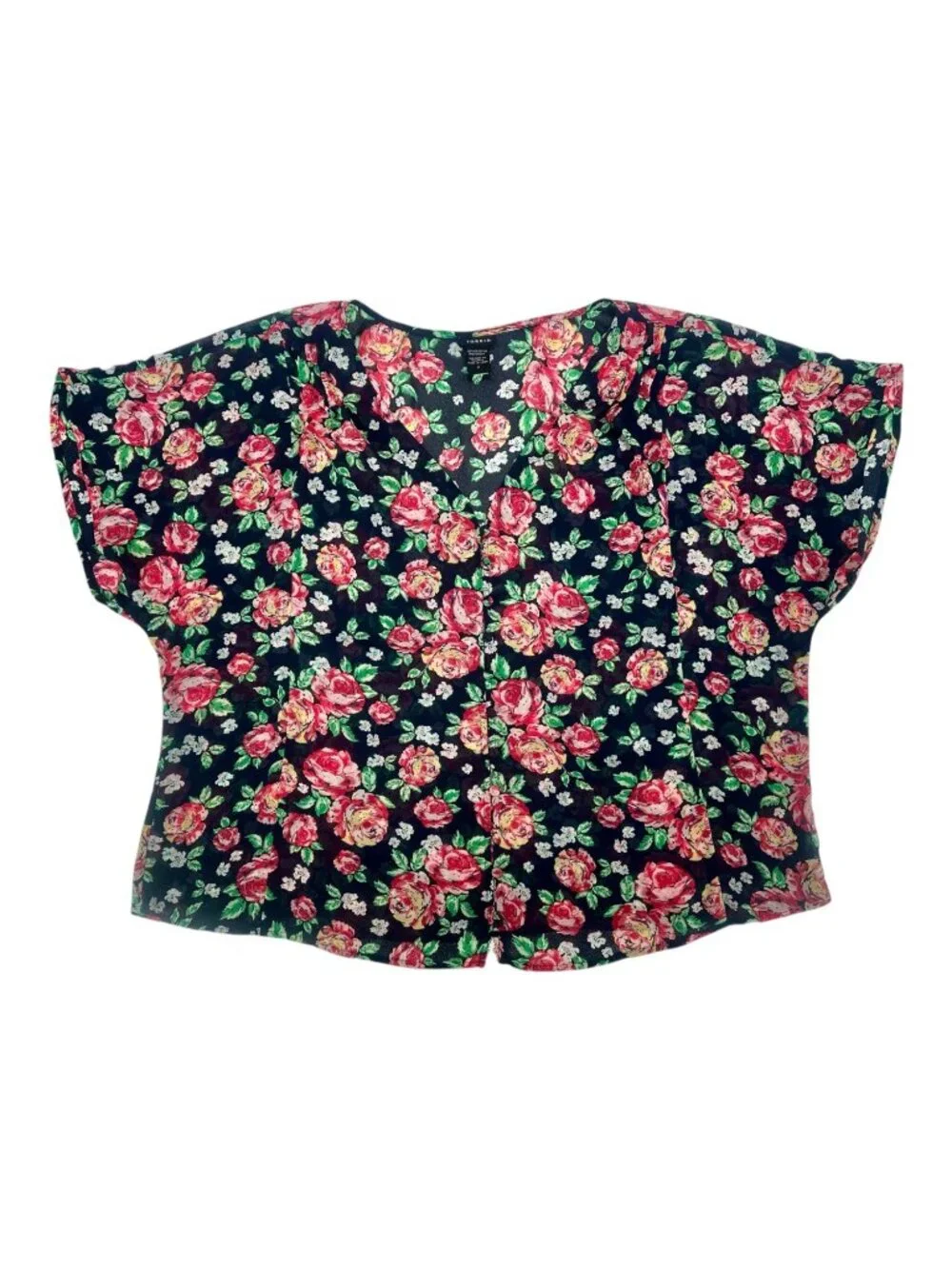 Torrid Black Pink Floral Chiffon Blouse 2X 3/4 Flutter Sleeve Whimsigoth Boho - Picture 3 of 8